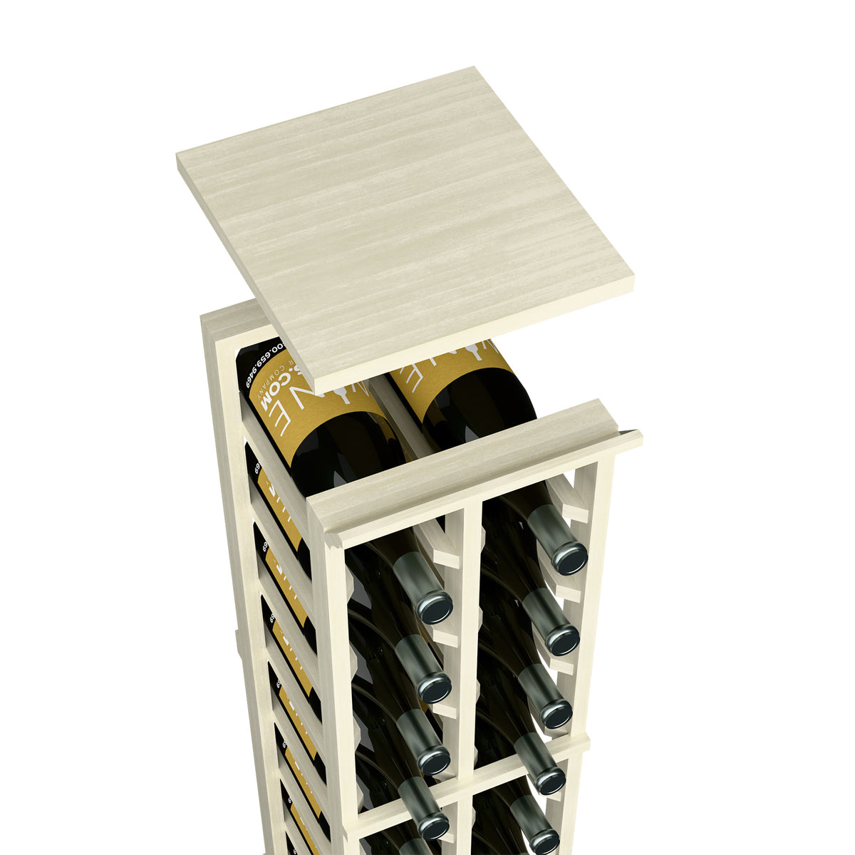 White wood top shelf for 2-column wine rack with open compartments underneath