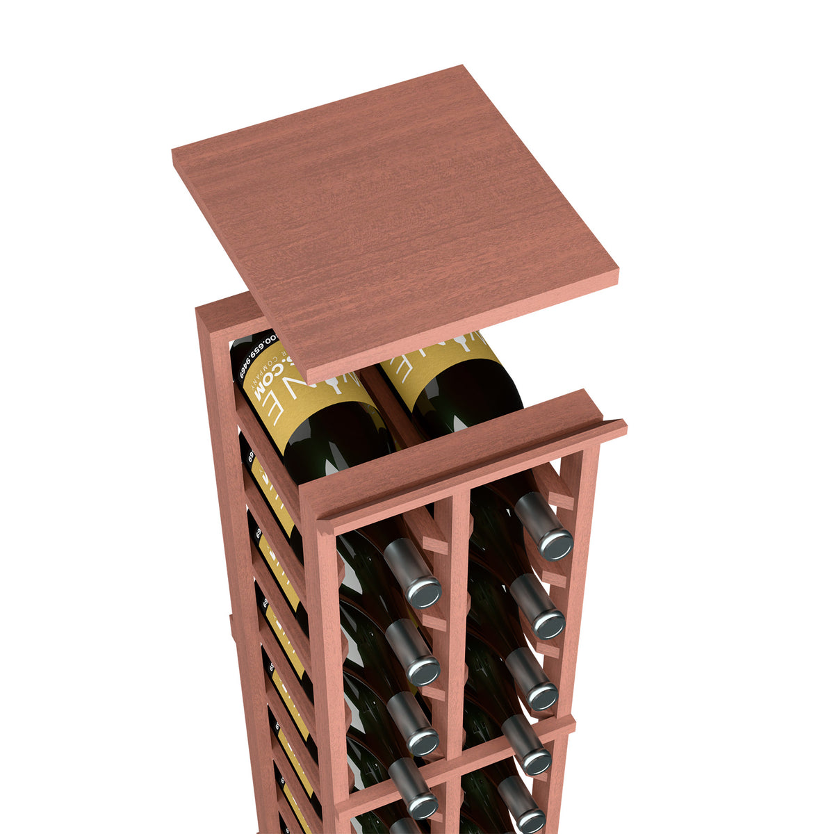Red-brown wood top shelf for 2-column wine rack with bottle slots