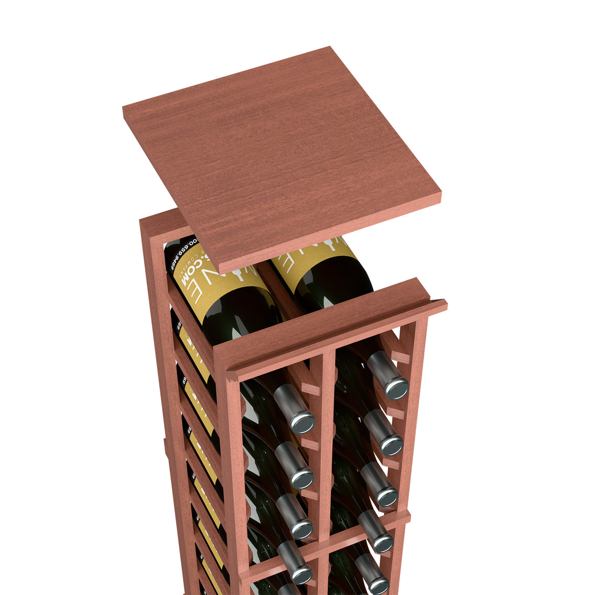 Red-brown wood top shelf on 2-column wine rack with wine bottles
