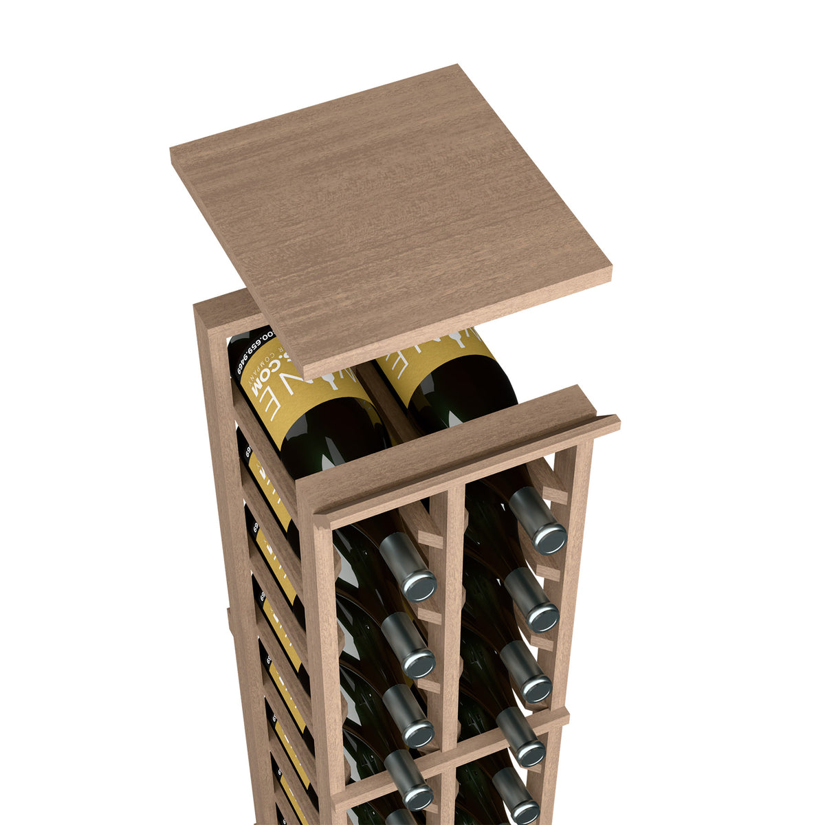 Medium tan wood top shelf on 2-column wine rack with bottle slots
