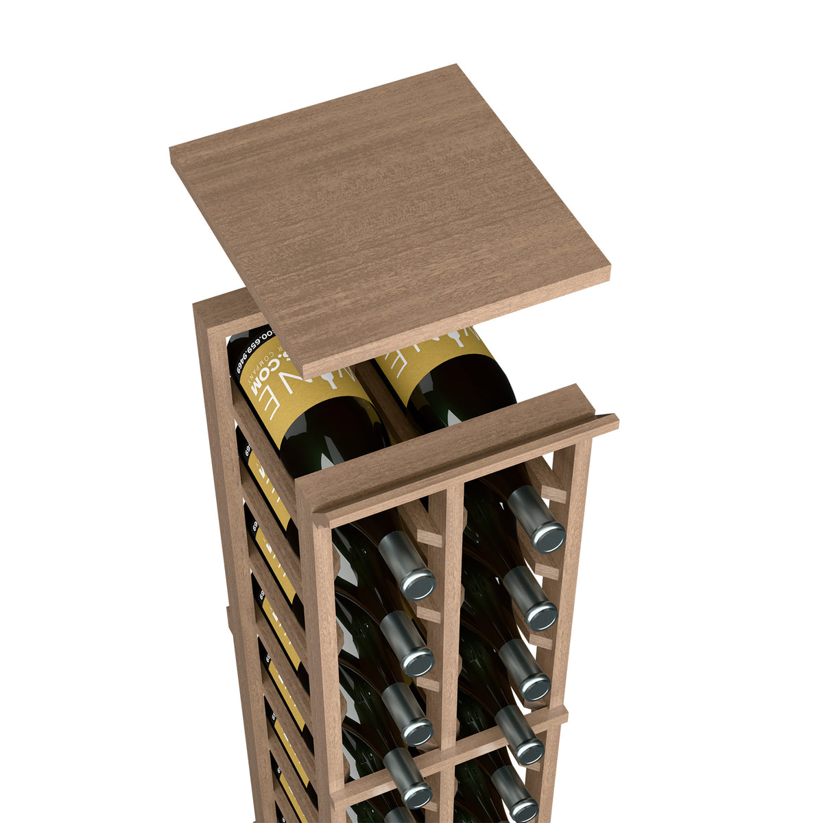 Medium brown wood top shelf for 2-column wine rack with bottle openings