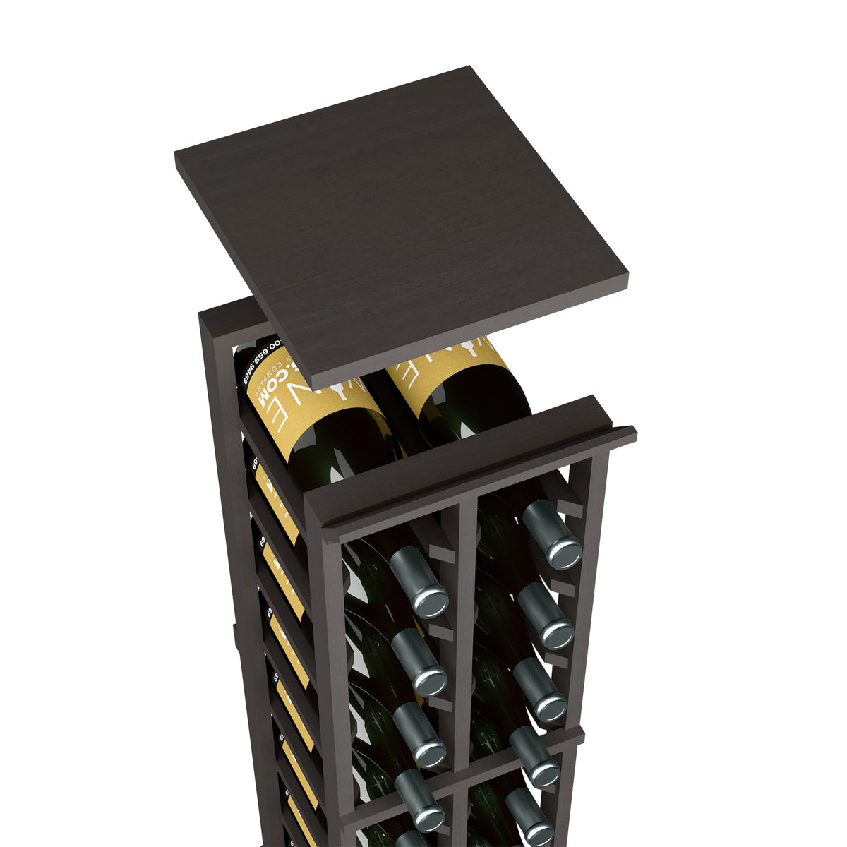 Black wood top shelf on 2-column wine rack with wine bottle slots