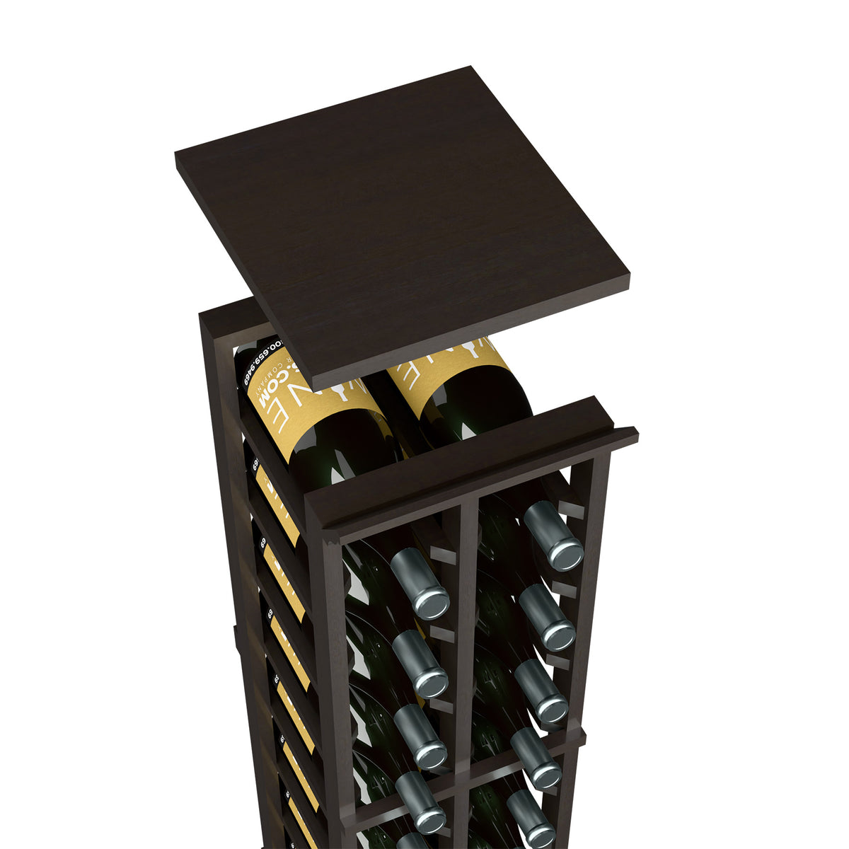 Black wood top shelf for 2-column wine rack with wine bottle openings