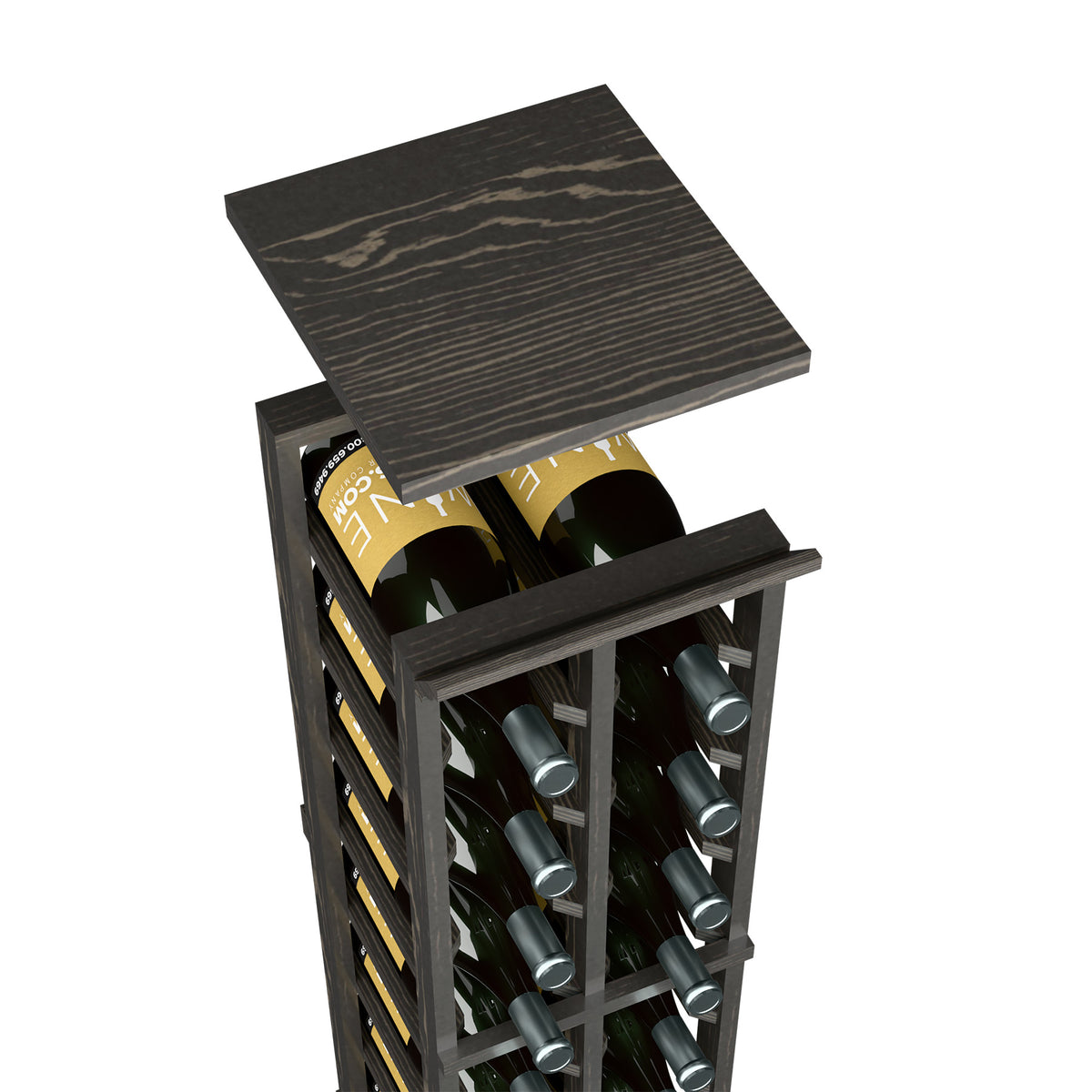 Dark wood wine rack top shelf with visible bottle necks in two-column slots