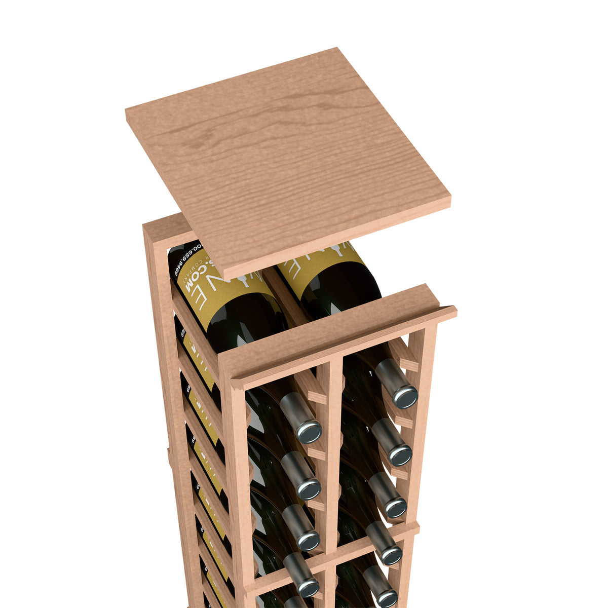 Wine rack top shelf in light natural wood finish, with two-column bottle slots