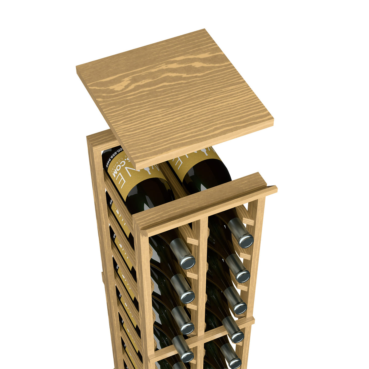 Honey wood wine rack top shelf with visible bottle necks in two-column slots