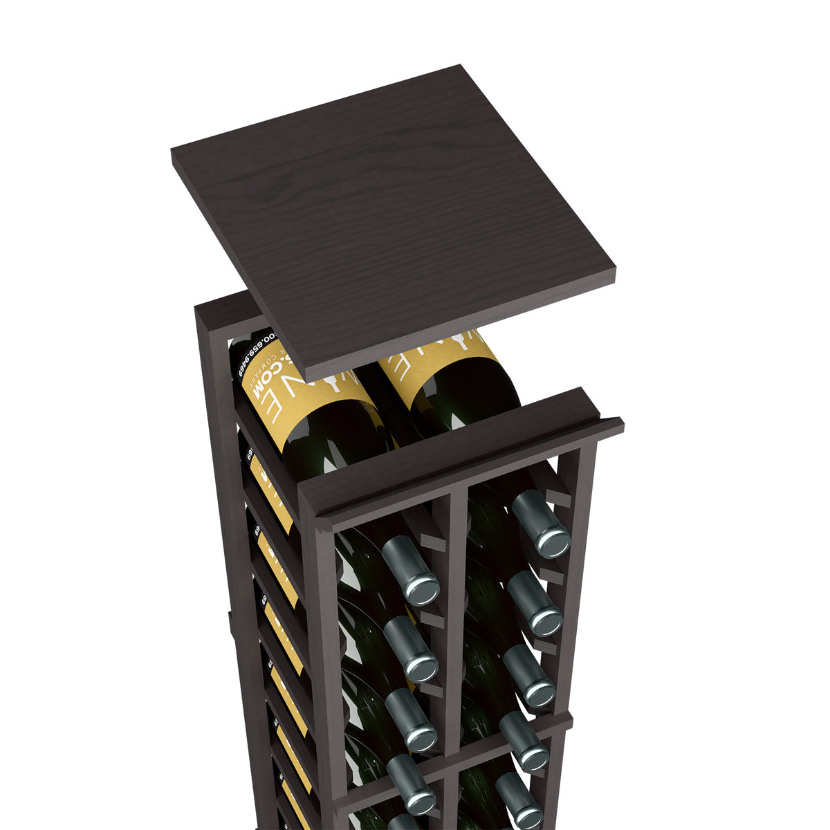 Wine rack top shelf in dark brown wood finish, mounted above two-column bottle openings