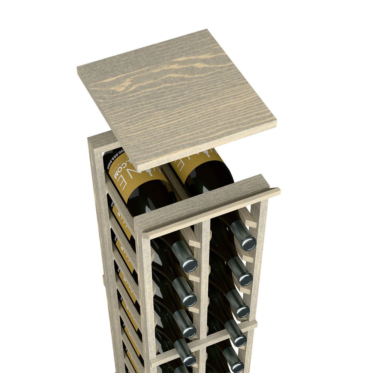 Wood wine rack top shelf with open frame, holds multiple bottles in dark finish.