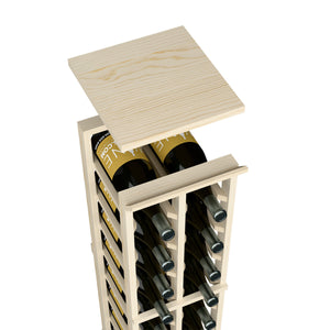 Natural wood wine rack top shelf on open frame, upright wine bottles visible.