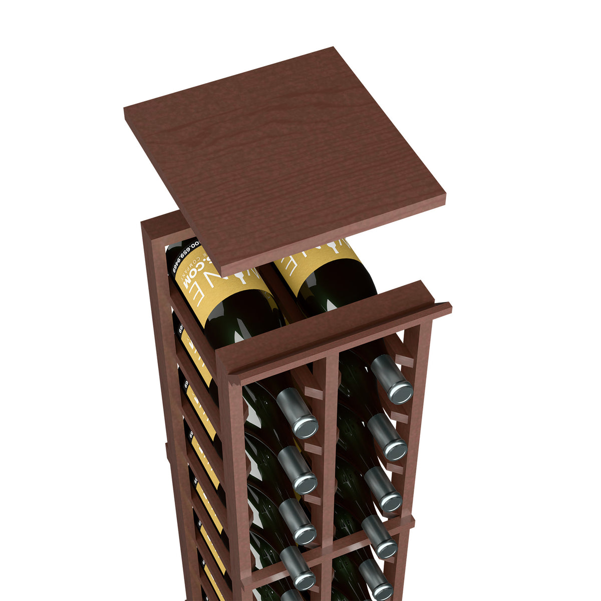Dark wood wine rack top shelf with open frame, upright wine bottles visible.