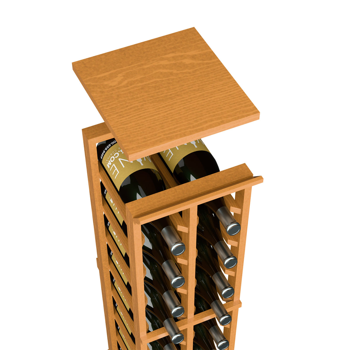 Warm wood wine rack top shelf with open frame, holds bottles in vertical rows.