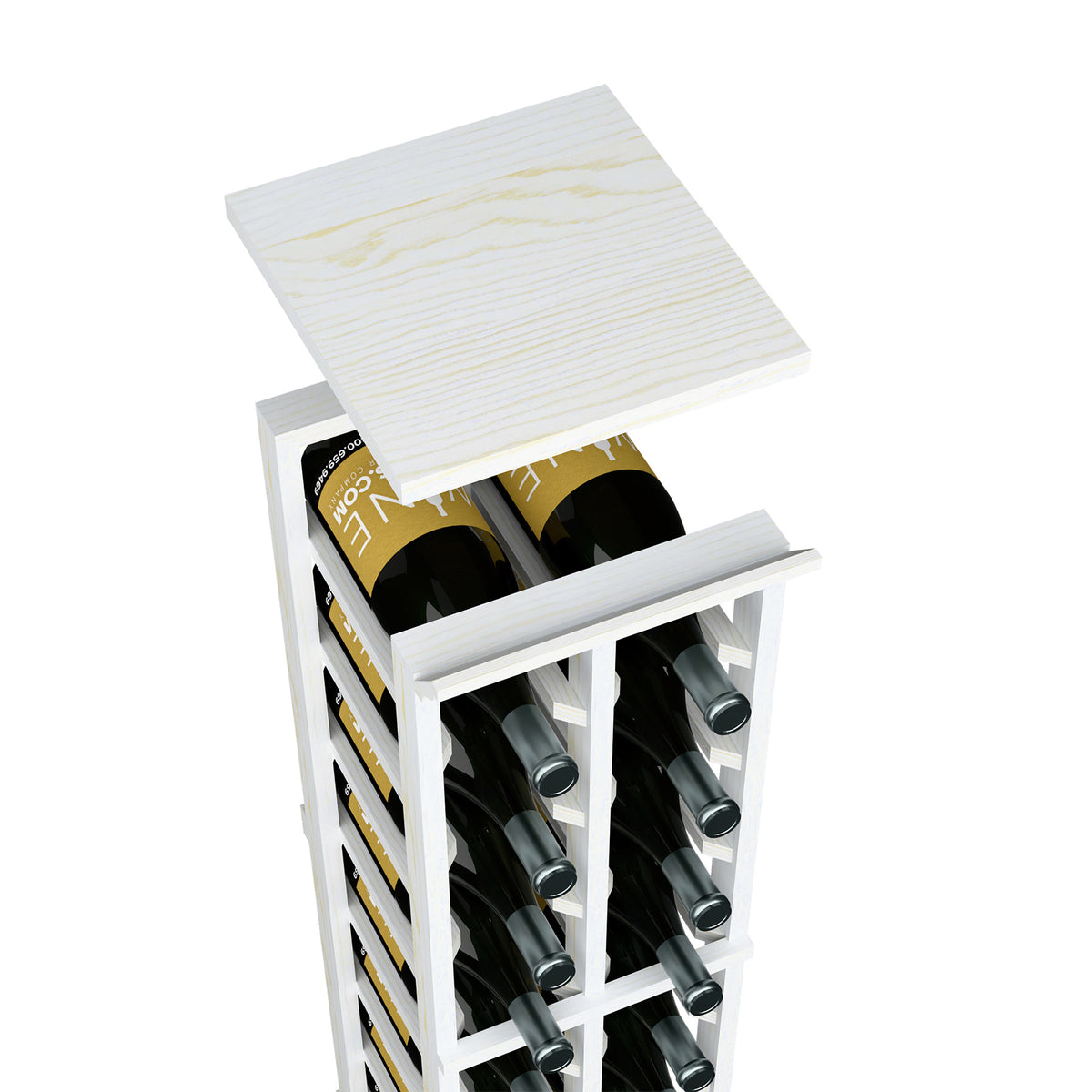 White-finished wood wine rack top shelf on open frame, upright wine bottles visible.