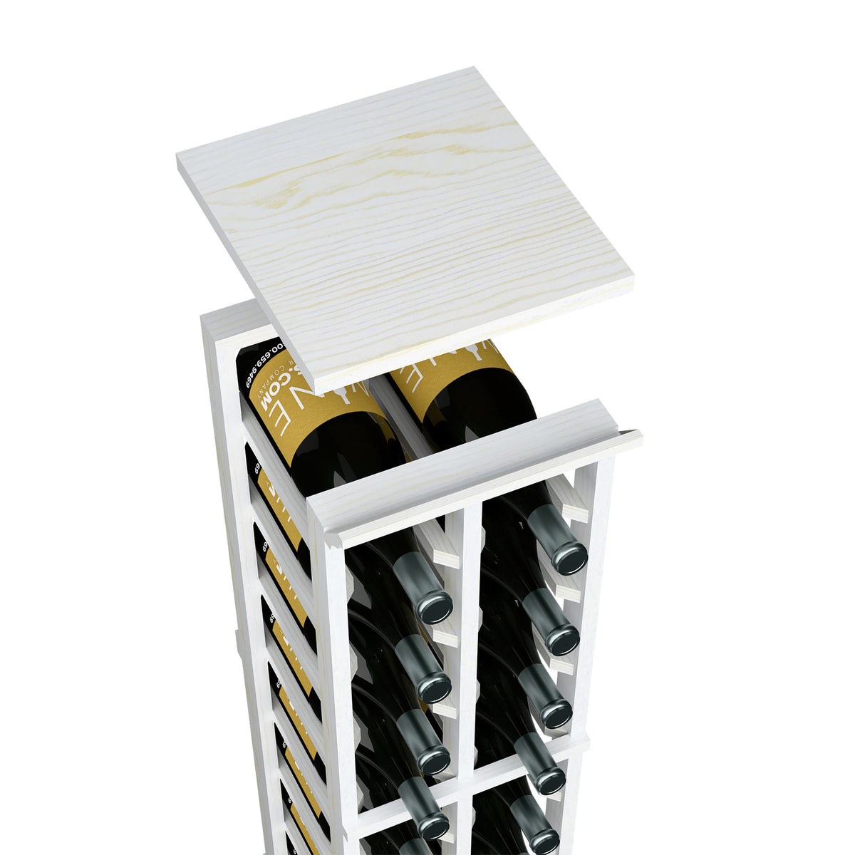 Off-white wood wine rack top shelf with open frame, stores multiple upright bottles.