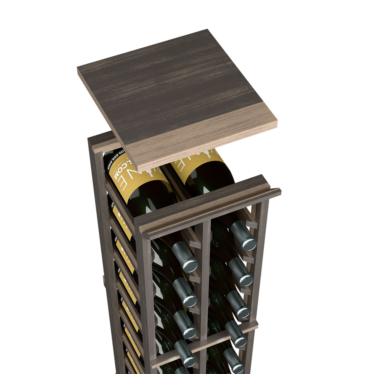 Charcoal-stained wood top shelf for 2-column magnum wine rack, square board on frame
