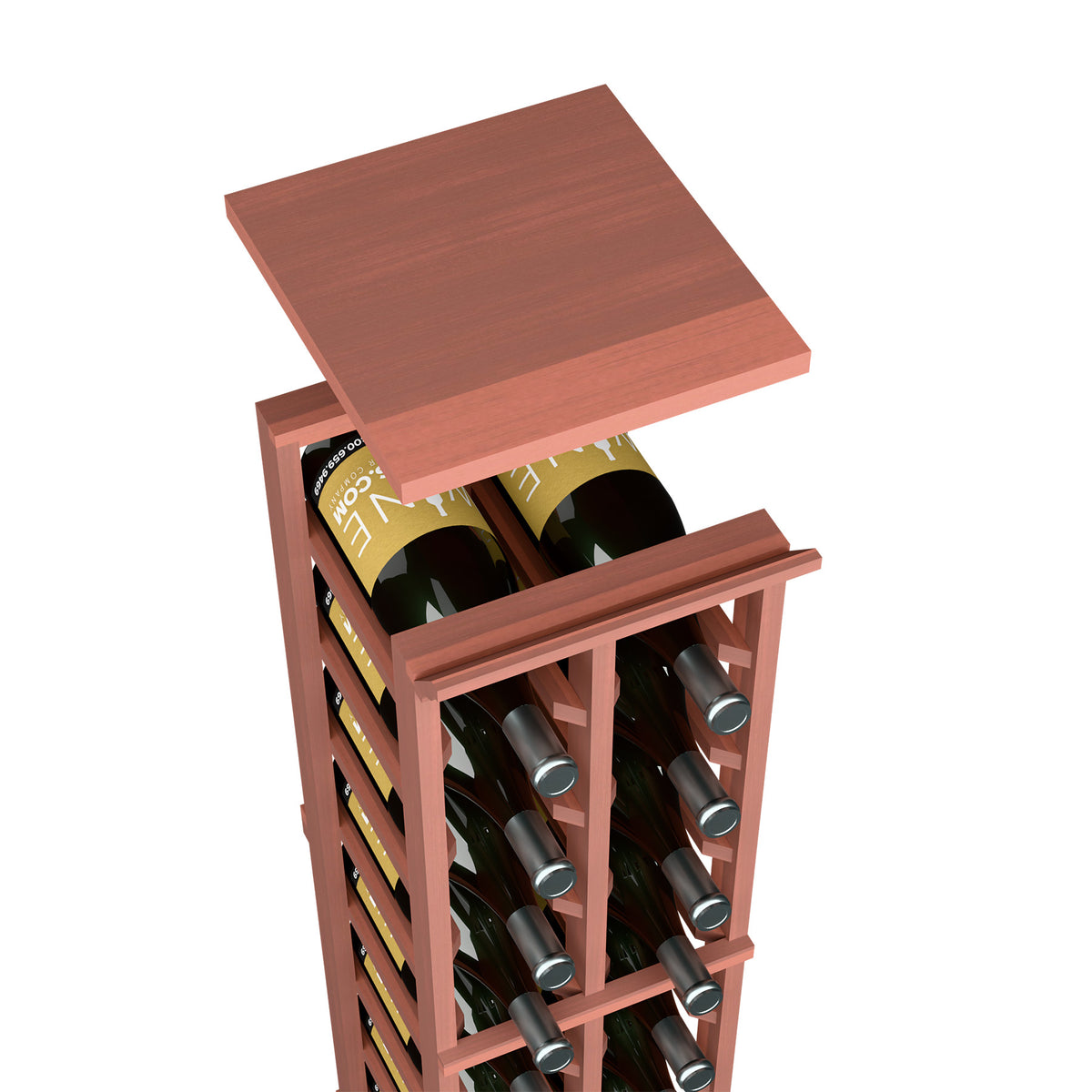 Red-stained wood top shelf for 2-column magnum wine rack, square board on frame