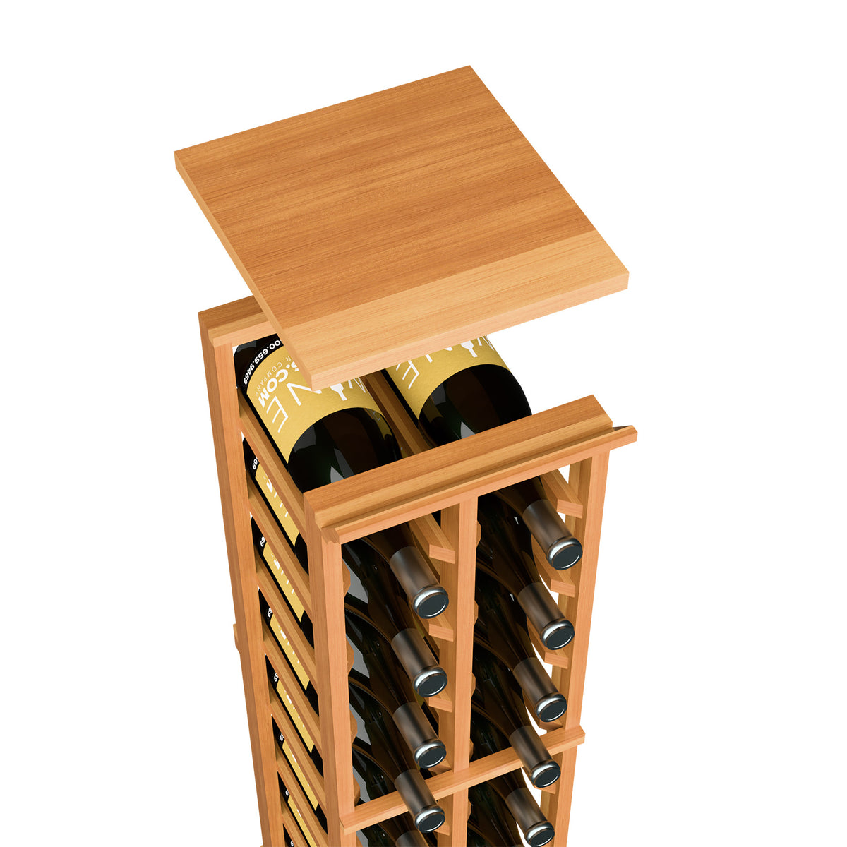 Medium wood top shelf for 2-column magnum wine rack, front view of bottle holders