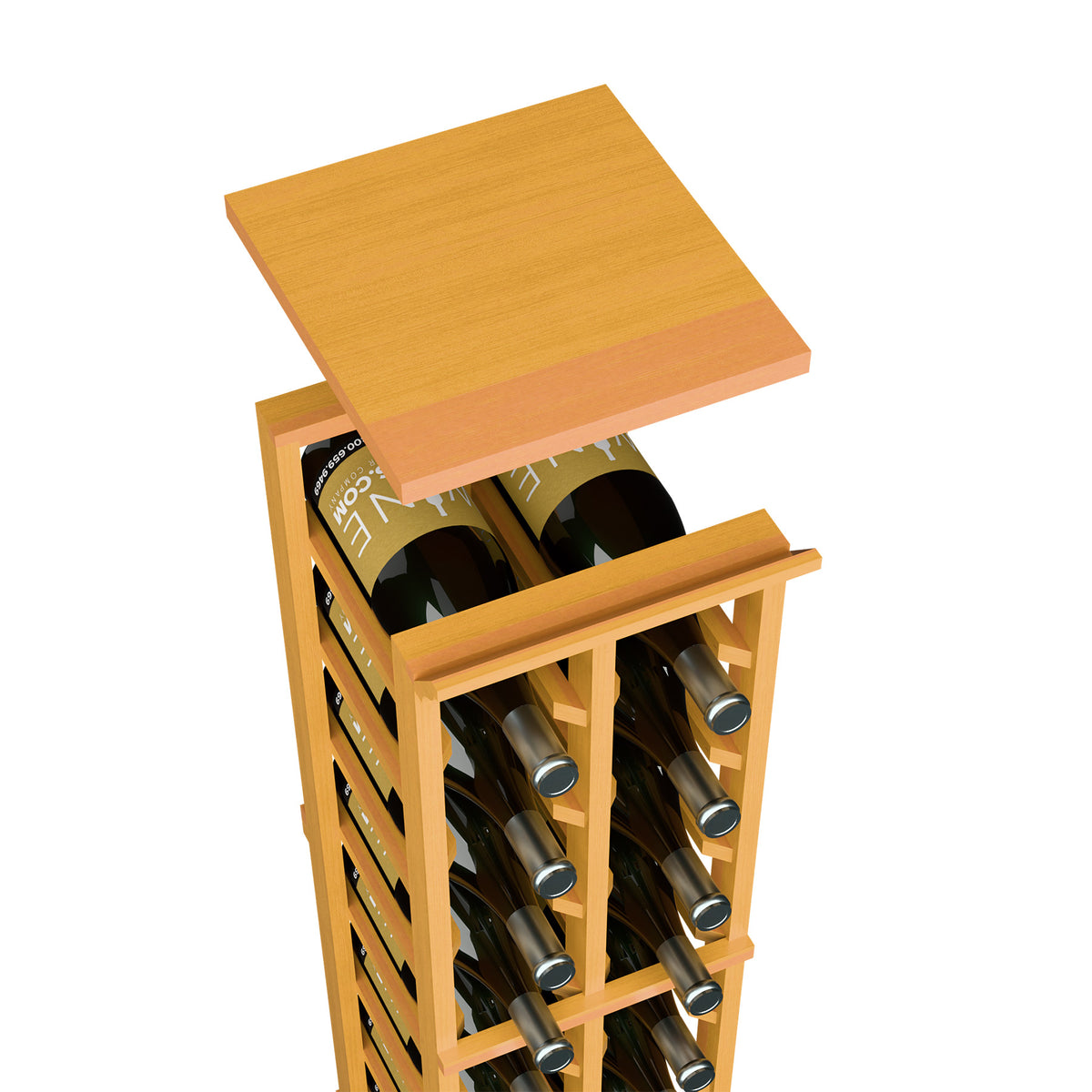 Golden wood top shelf for 2-column magnum wine rack, front view of bottle storage