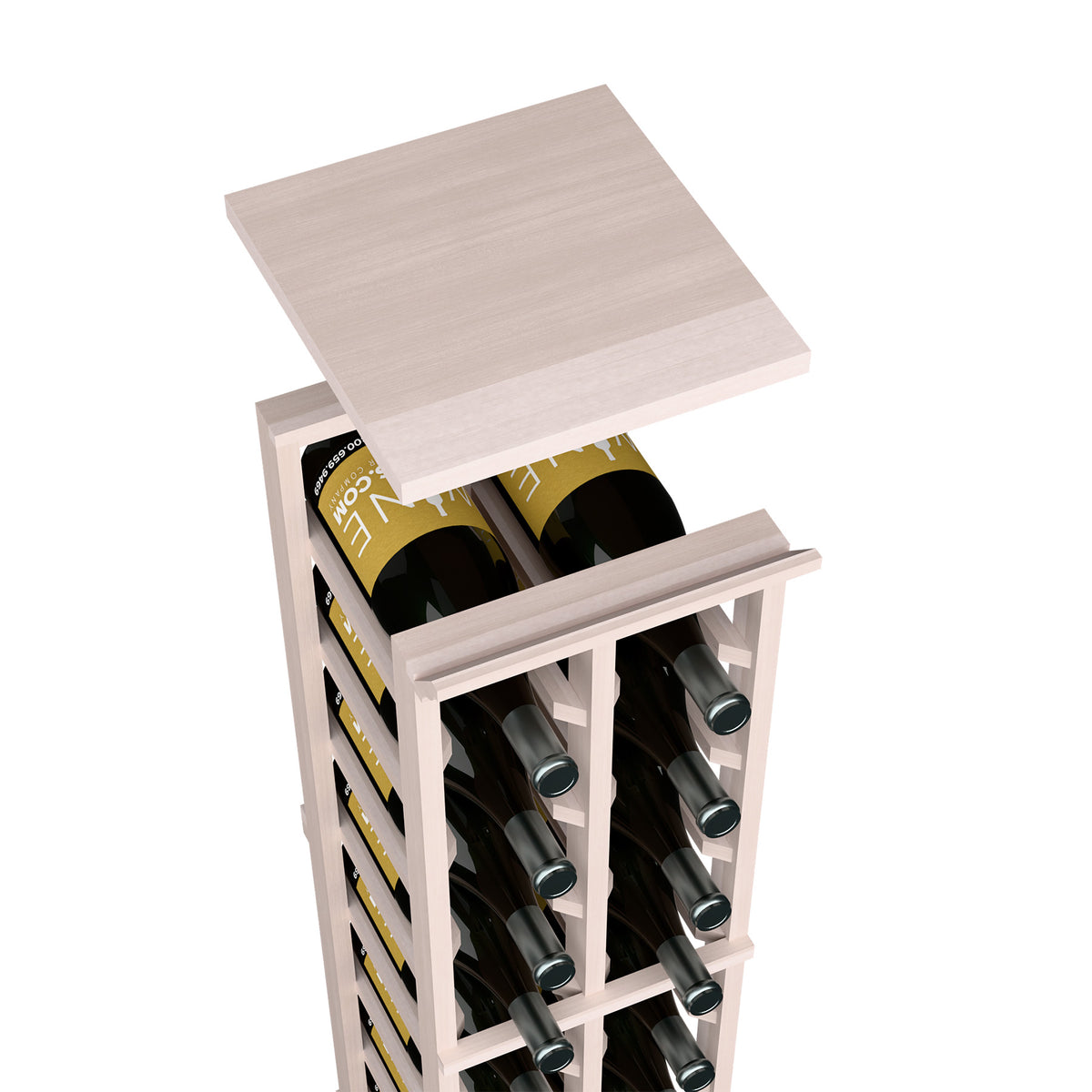 Whitewashed wood top shelf for 2-column magnum wine rack, with bottle cradles