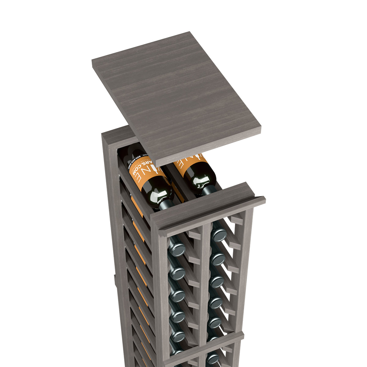 Wine rack top shelf with wine bottles and circular holders, dark grey wood