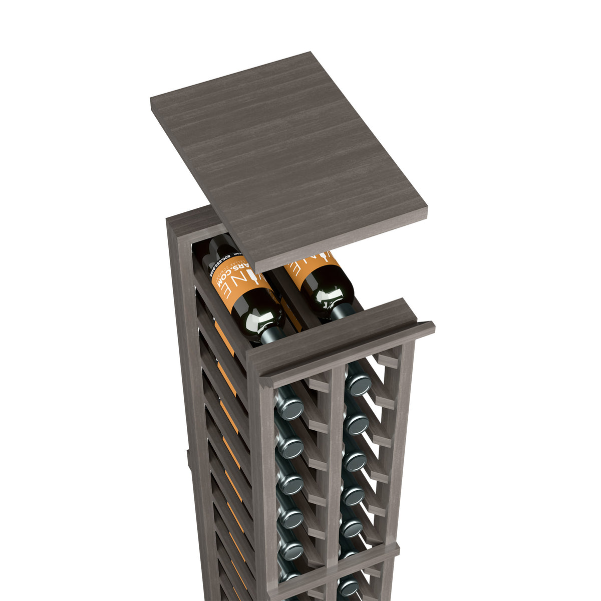 Wine rack top shelf with wine bottles and circular holders, dark grey stained wood