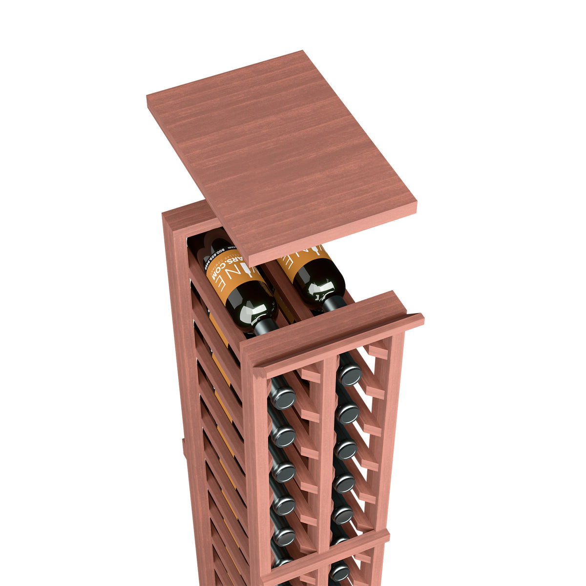 Wine rack top shelf with wine bottles and circular holders, reddish wood finish