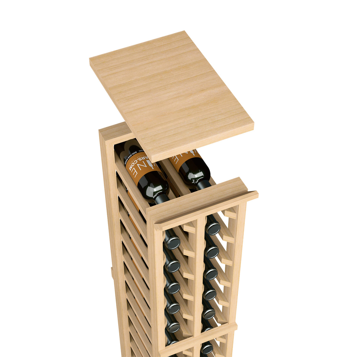 Wine rack top shelf with wine bottles and circular holders, light natural wood