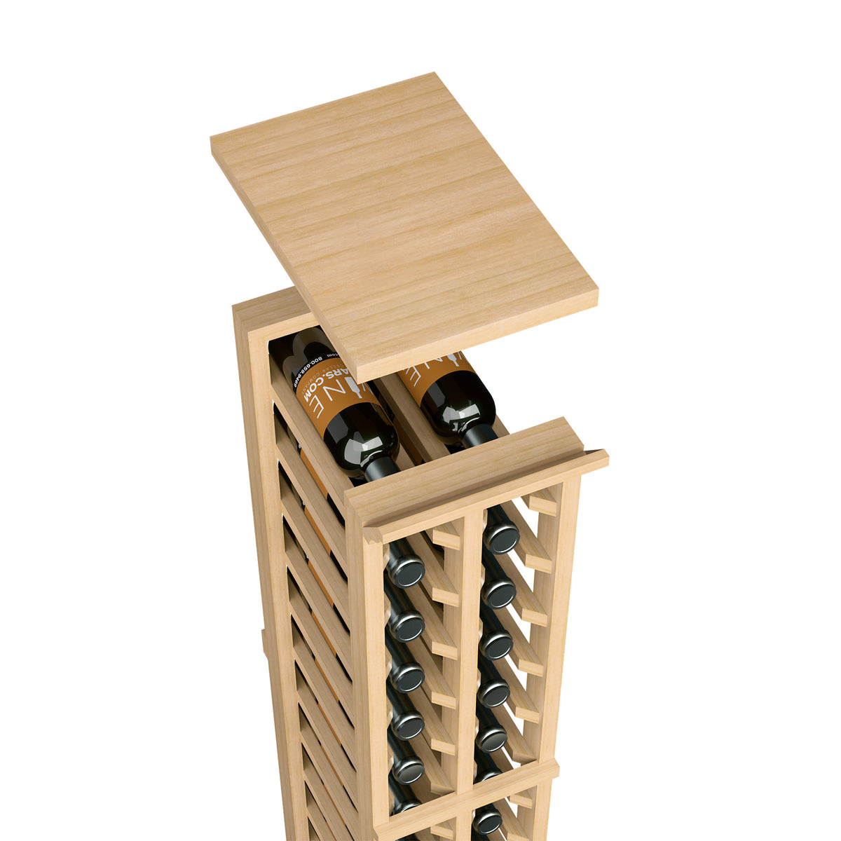 Wine rack top shelf with wine bottles and circular holders, pale natural wood finish