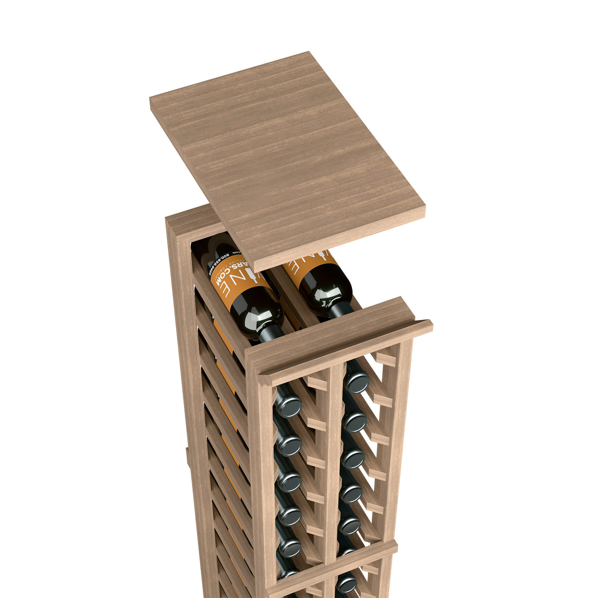 Wine rack top shelf with wine bottles and circular holders, medium brown wood finish