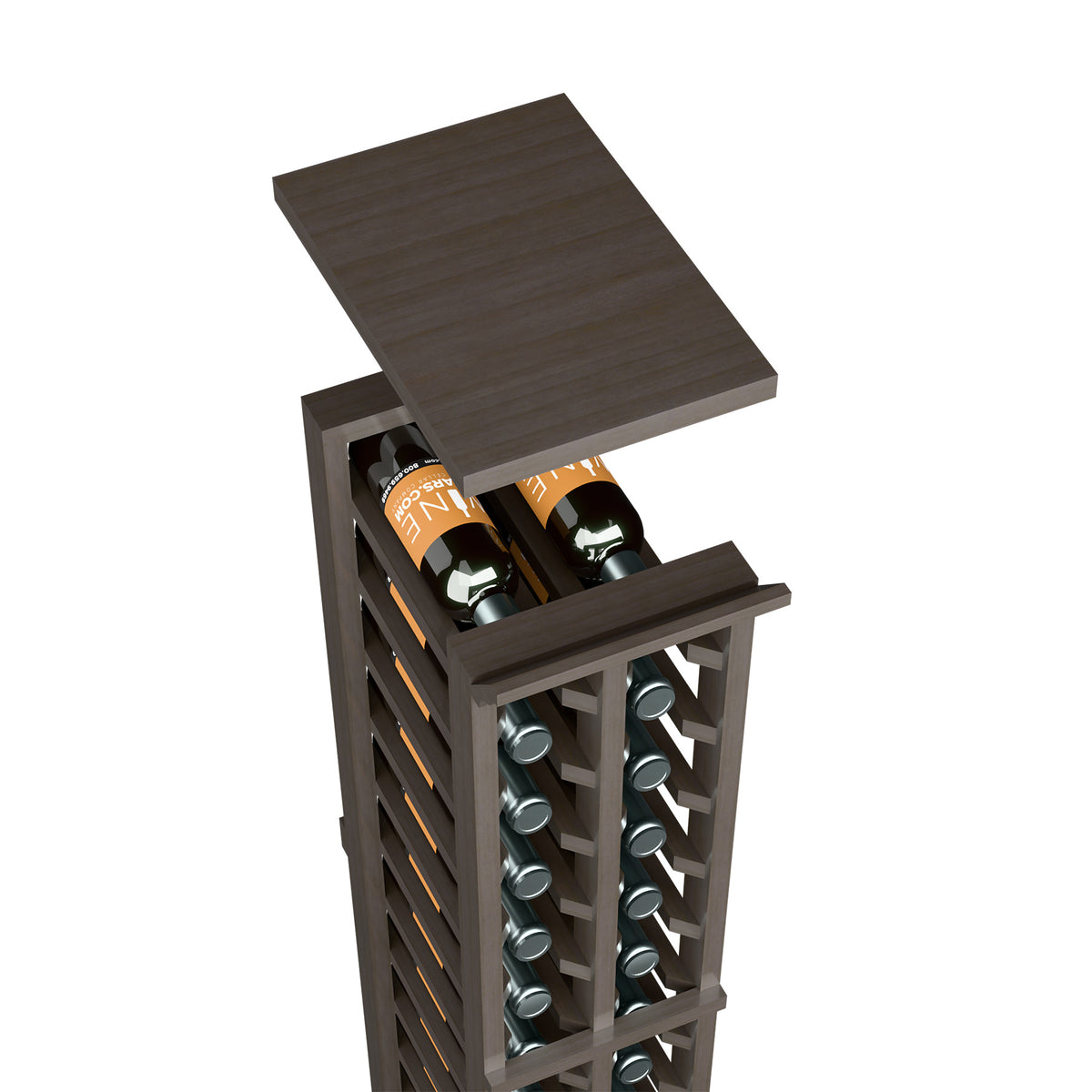 Wine rack top shelf with wine bottles and circular holders, deep dark grey wood finish