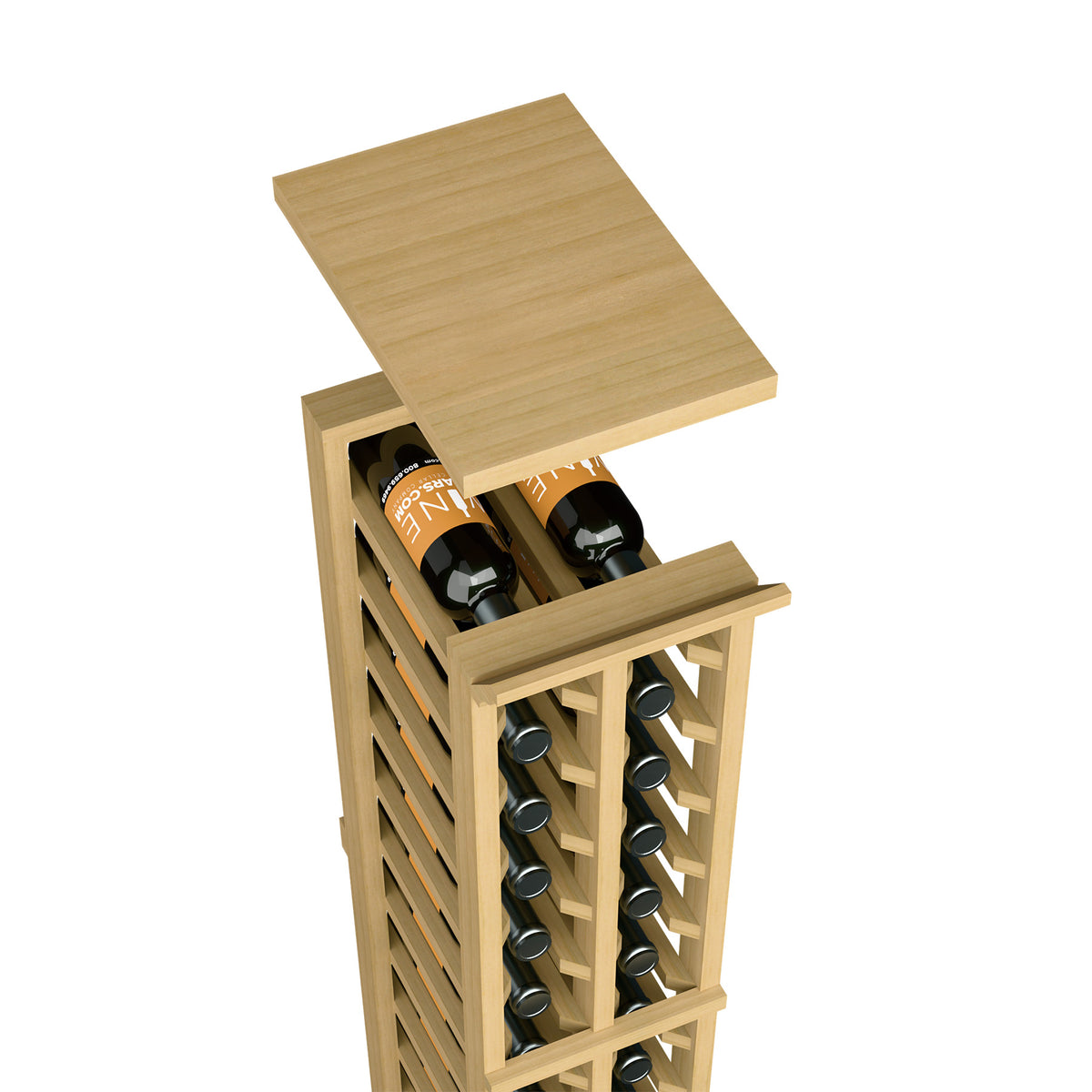 Two-column split wine rack top shelf, natural wood, bottle holders