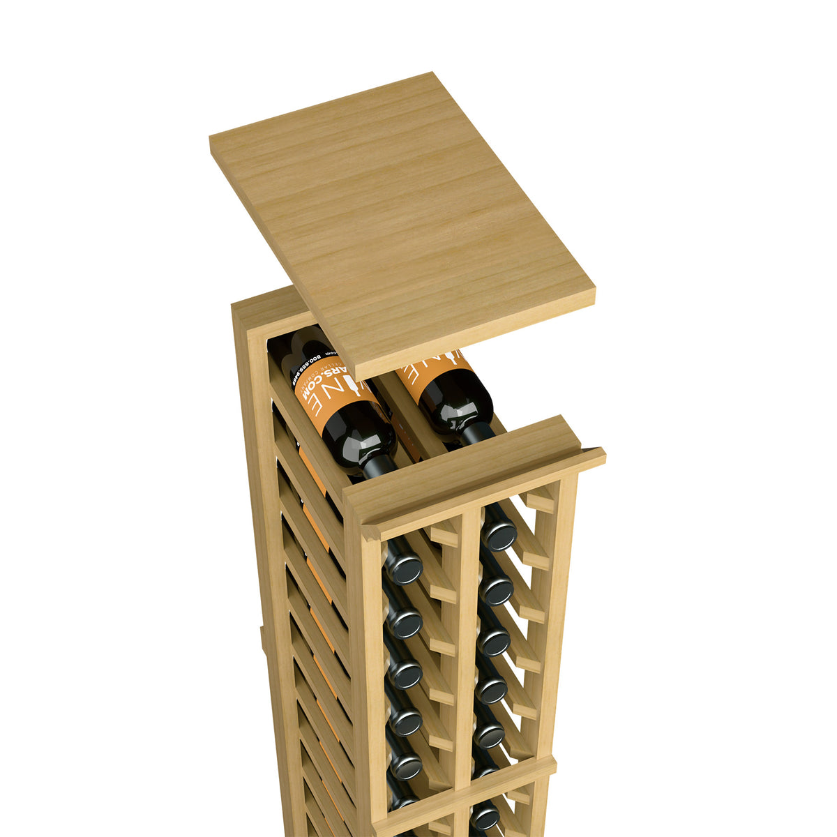 Two-column split wine rack top shelf, light wood, bottle holders and slats
