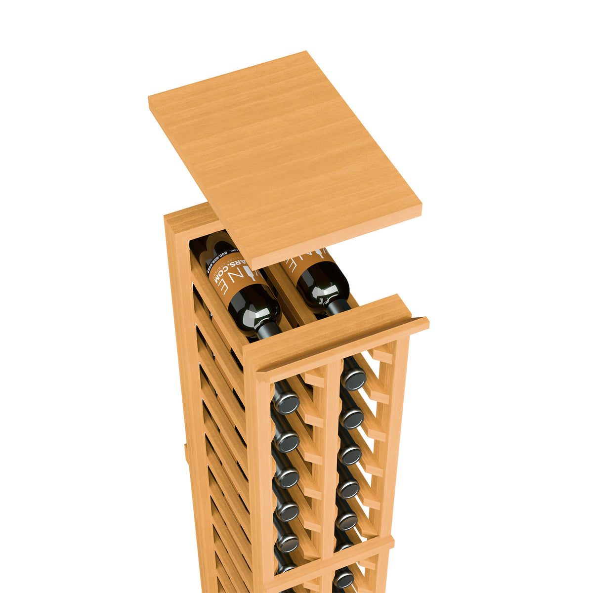 Two-column split wine rack top shelf, warm light wood, bottle holders