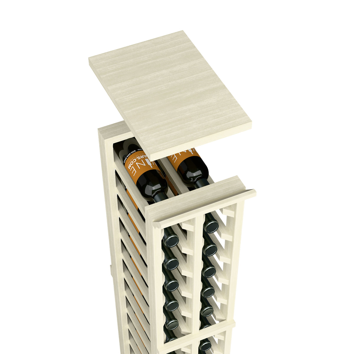 Two-column split wine rack top shelf, whitewashed wood, bottle slots