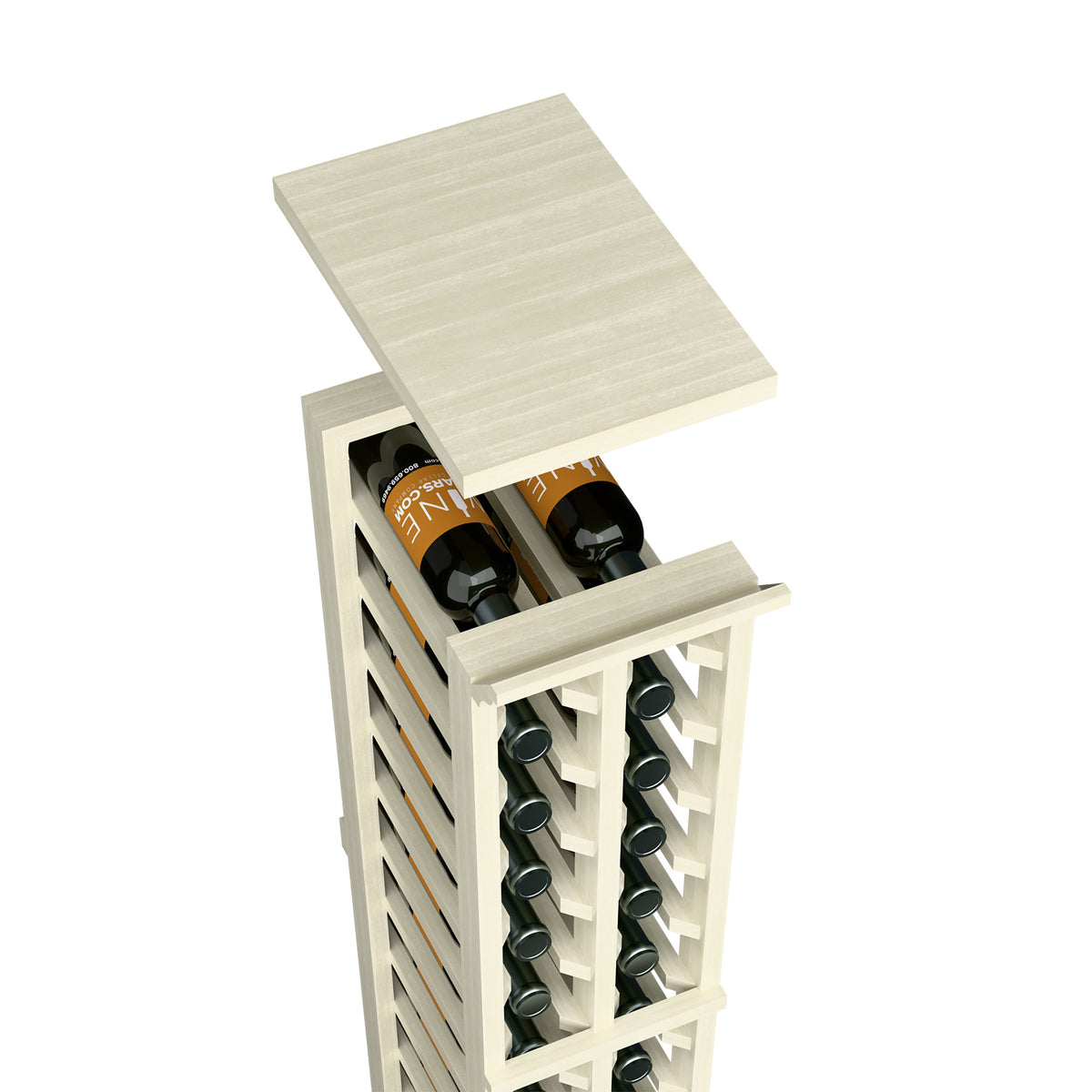 Two-column split wine rack top shelf, pale white wood, bottle slots