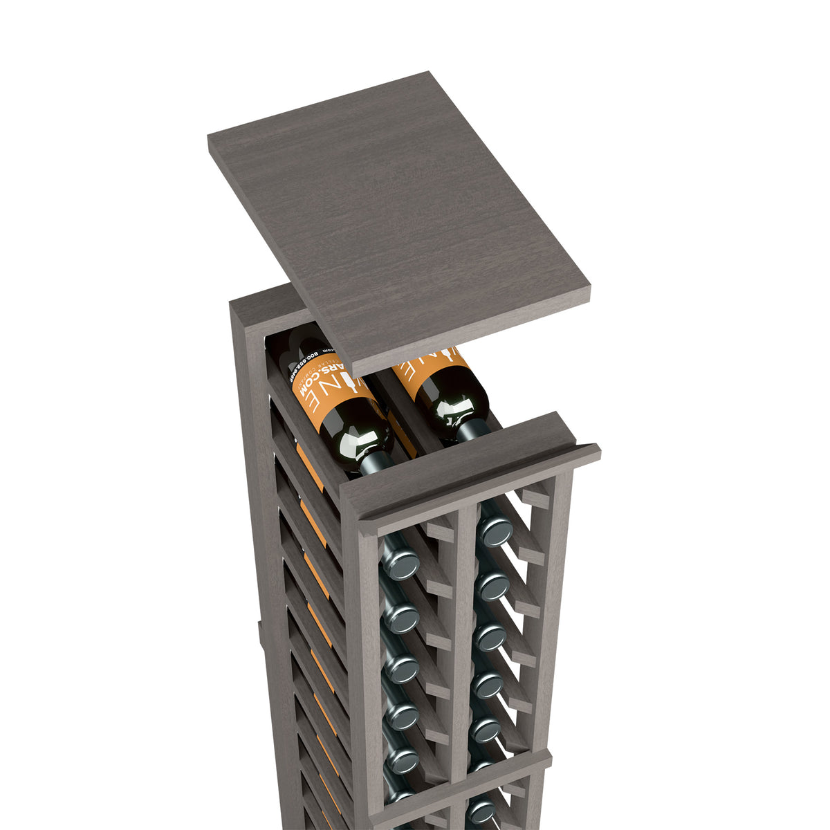 Dark wood wine rack top shelf for a two-column split wine holder