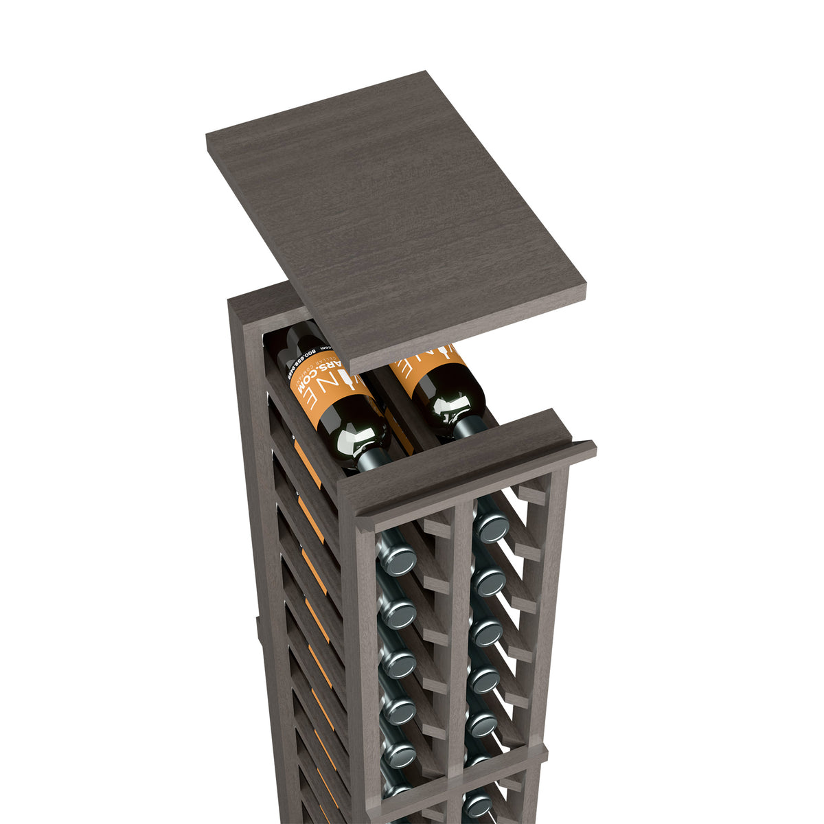 Dark gray wine rack top shelf board on a two-column split bottle holder