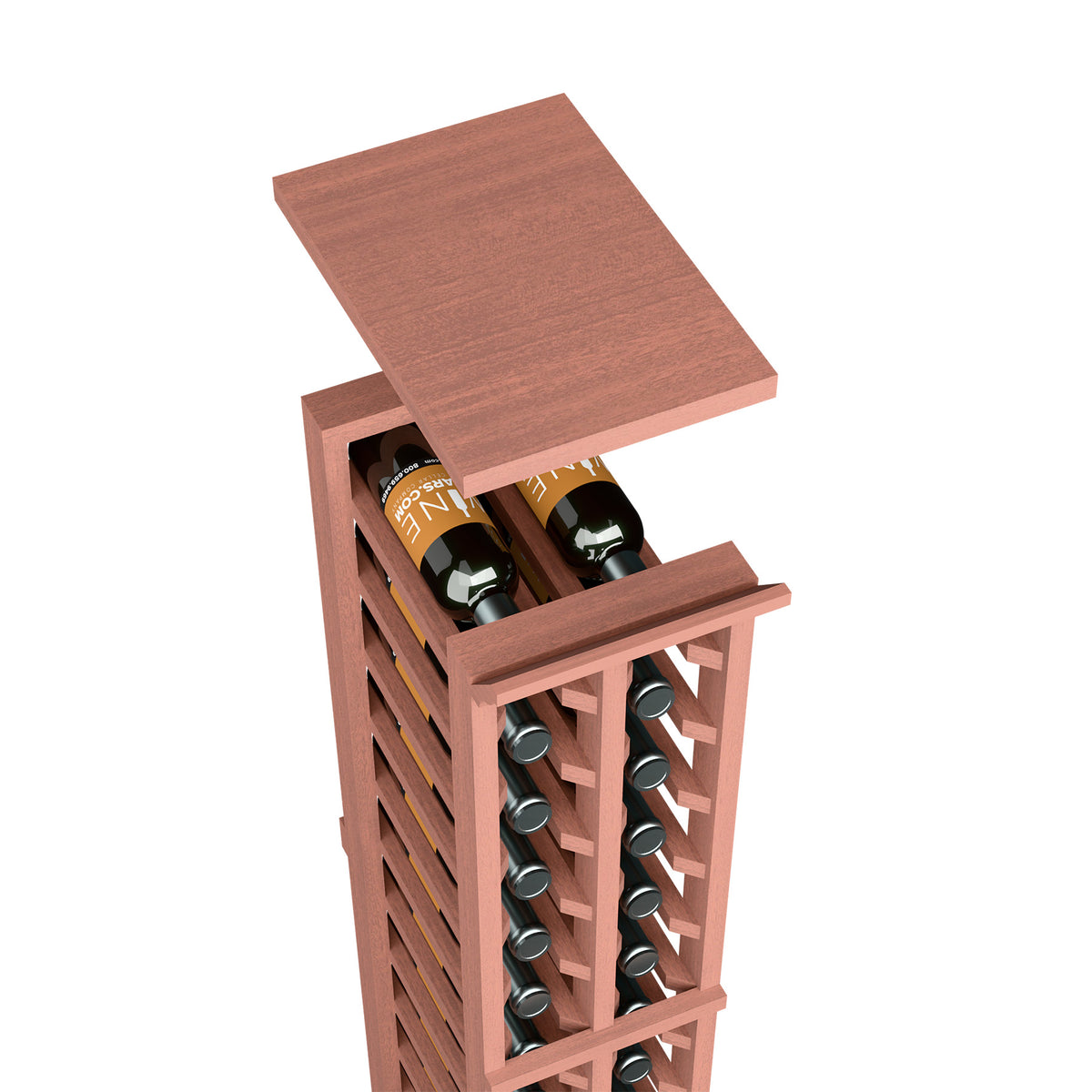 Red-brown wood wine rack top shelf for a two-column split wine bottle holder