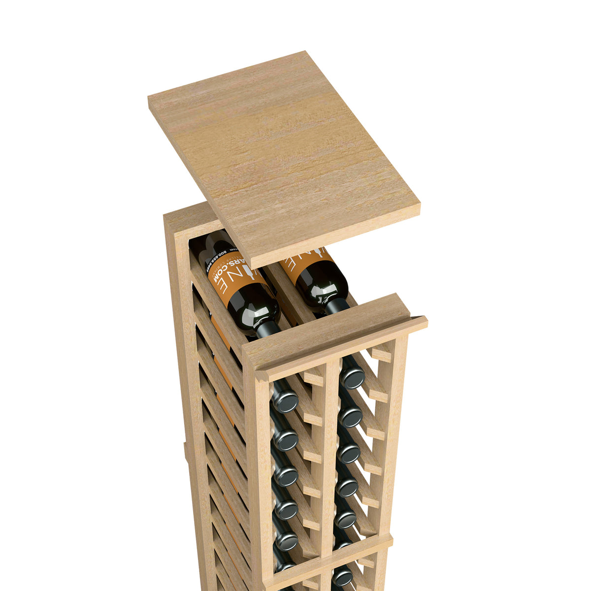 Natural light wood wine rack top shelf on a two-column split bottle holder