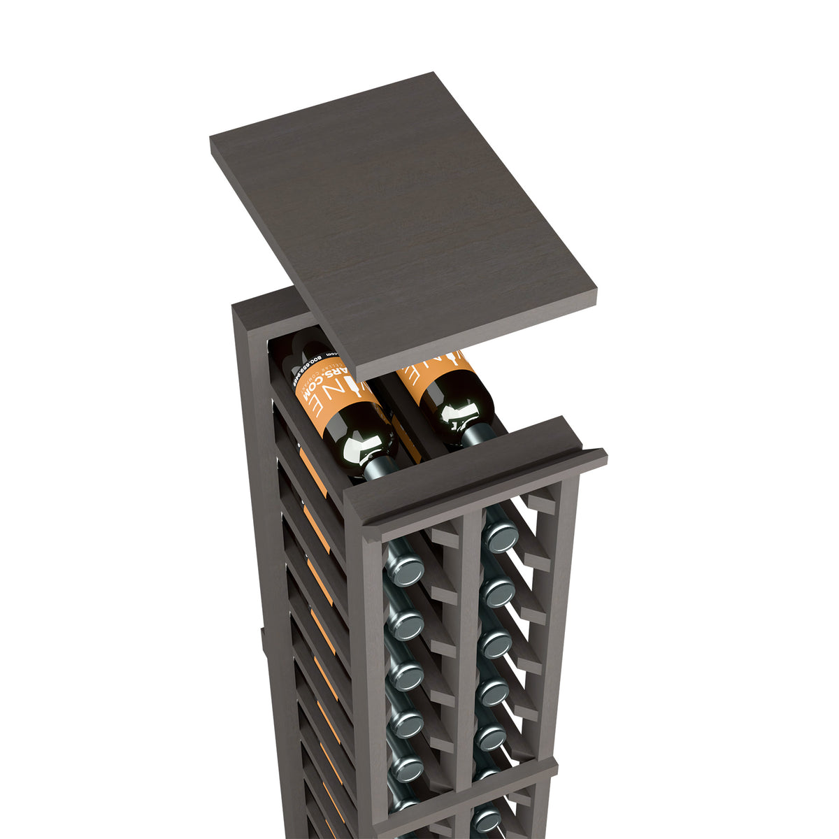 Dark stained wine rack top shelf for a two-column split wine bottle rack