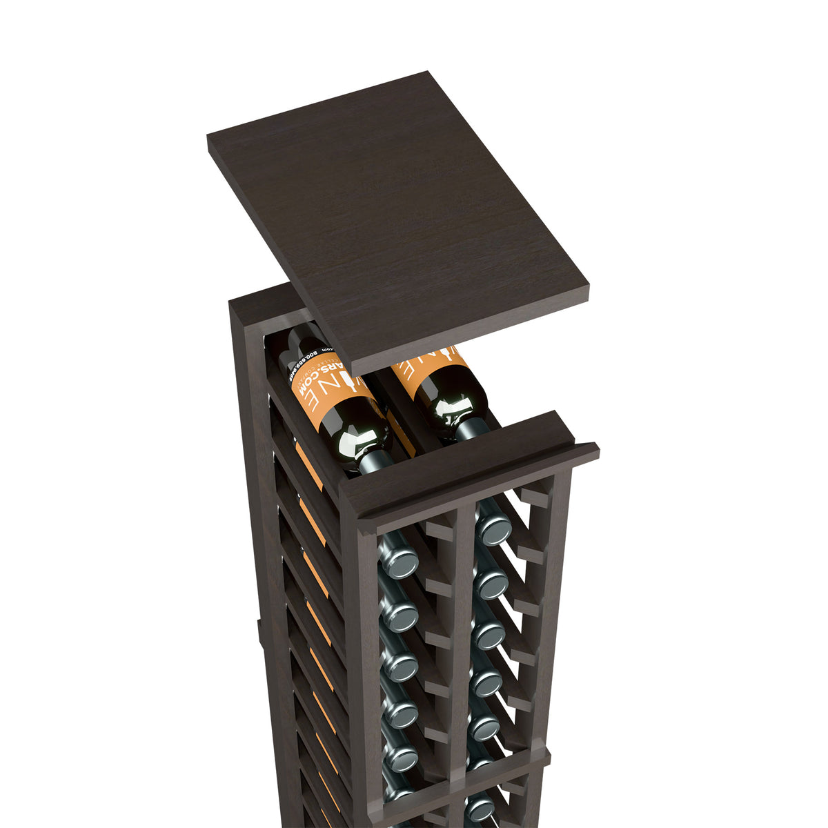Black-brown wood wine rack top shelf for two-column split bottle storage