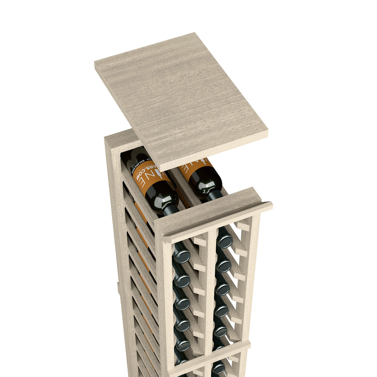 Two-column wine rack with solid top shelf in light gray wood finish