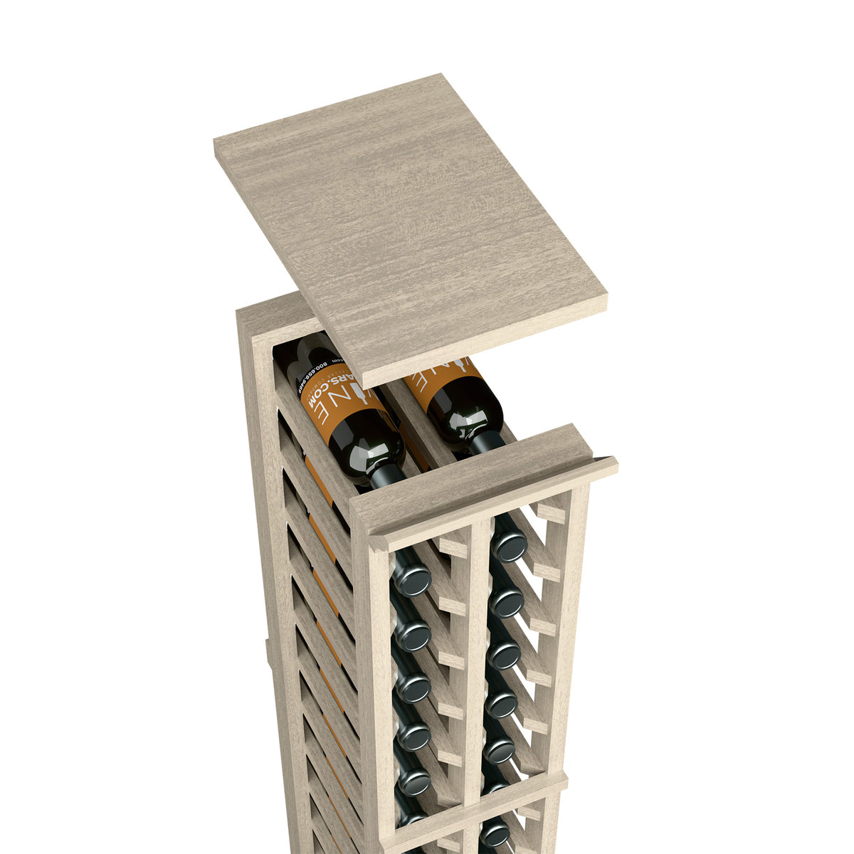 Two-column wine rack with solid top shelf in light gray wood finish, angled view