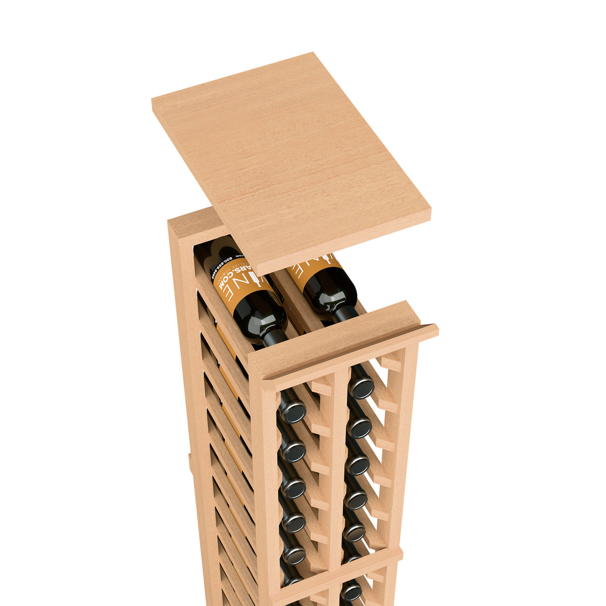 Two-column wine rack with solid top shelf in light wood tone
