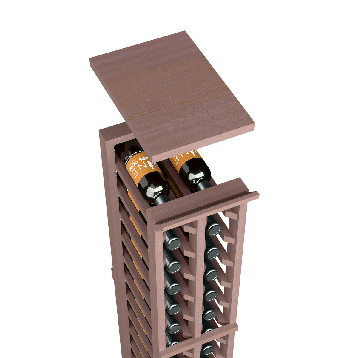 Two-column wine rack with solid top shelf in medium brown wood tone