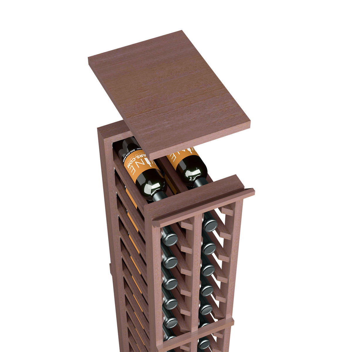 Two-column wine rack with solid top shelf in deep brown wood tone