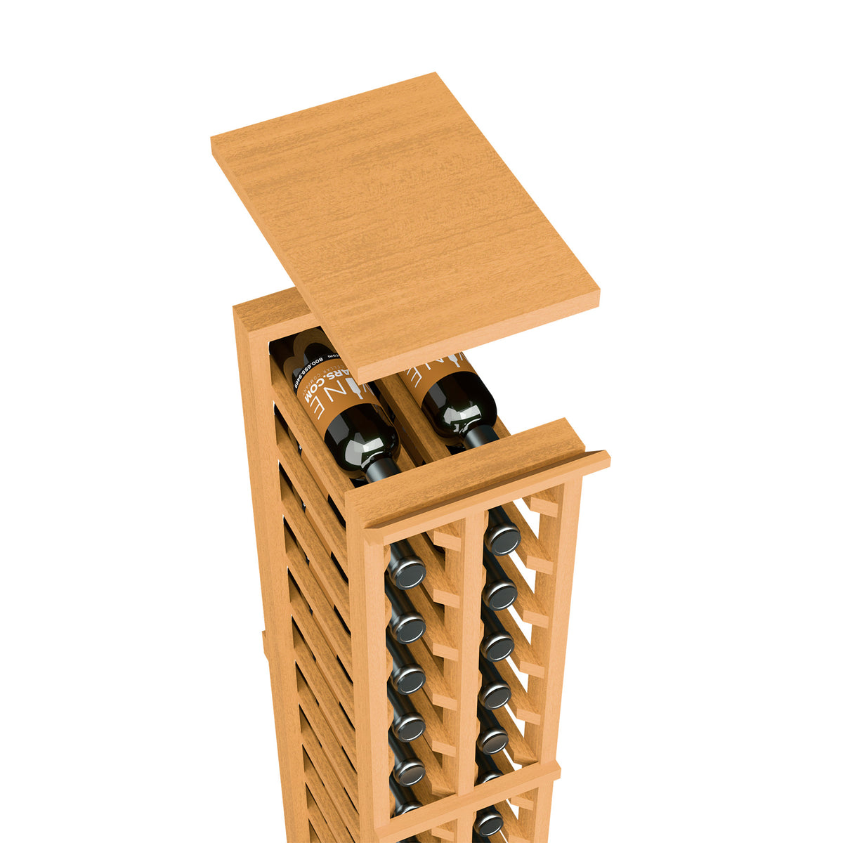 Two-column wine rack with solid top shelf in golden light wood tone