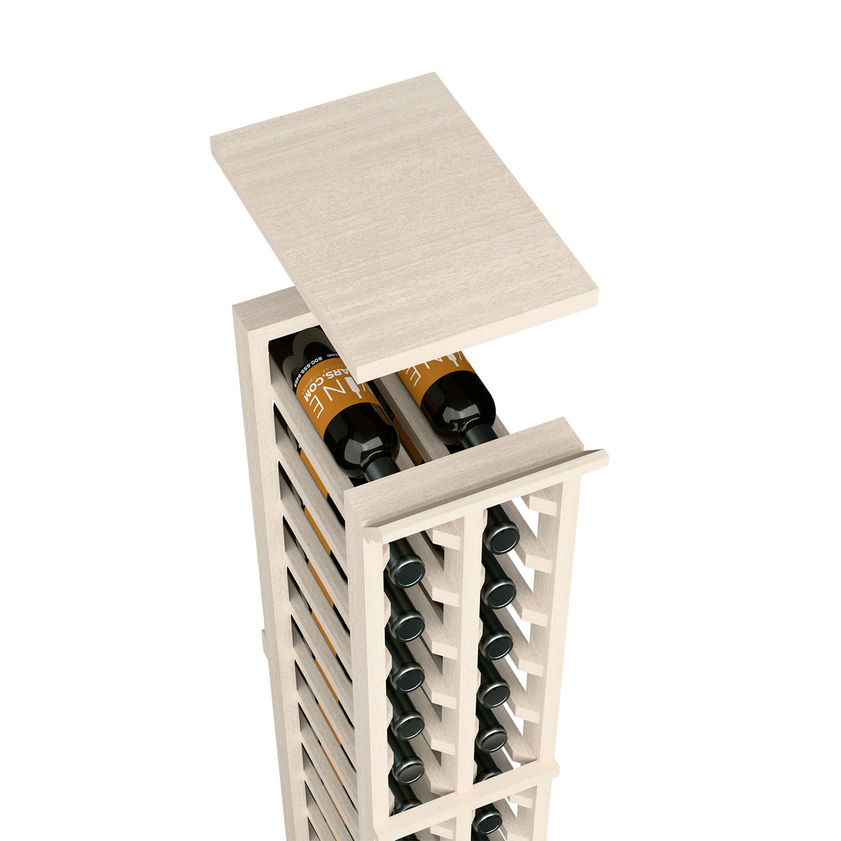 Two-column wine rack with solid top shelf in light gray wood finish