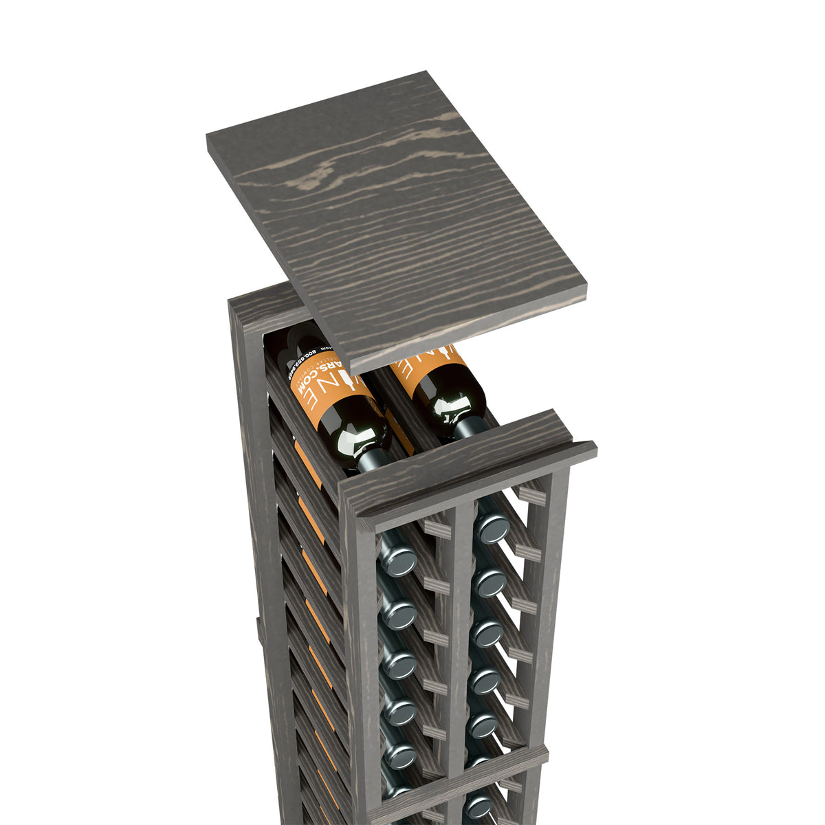 Dark wood wine rack top shelf with open bottle storage and metal bottle holders