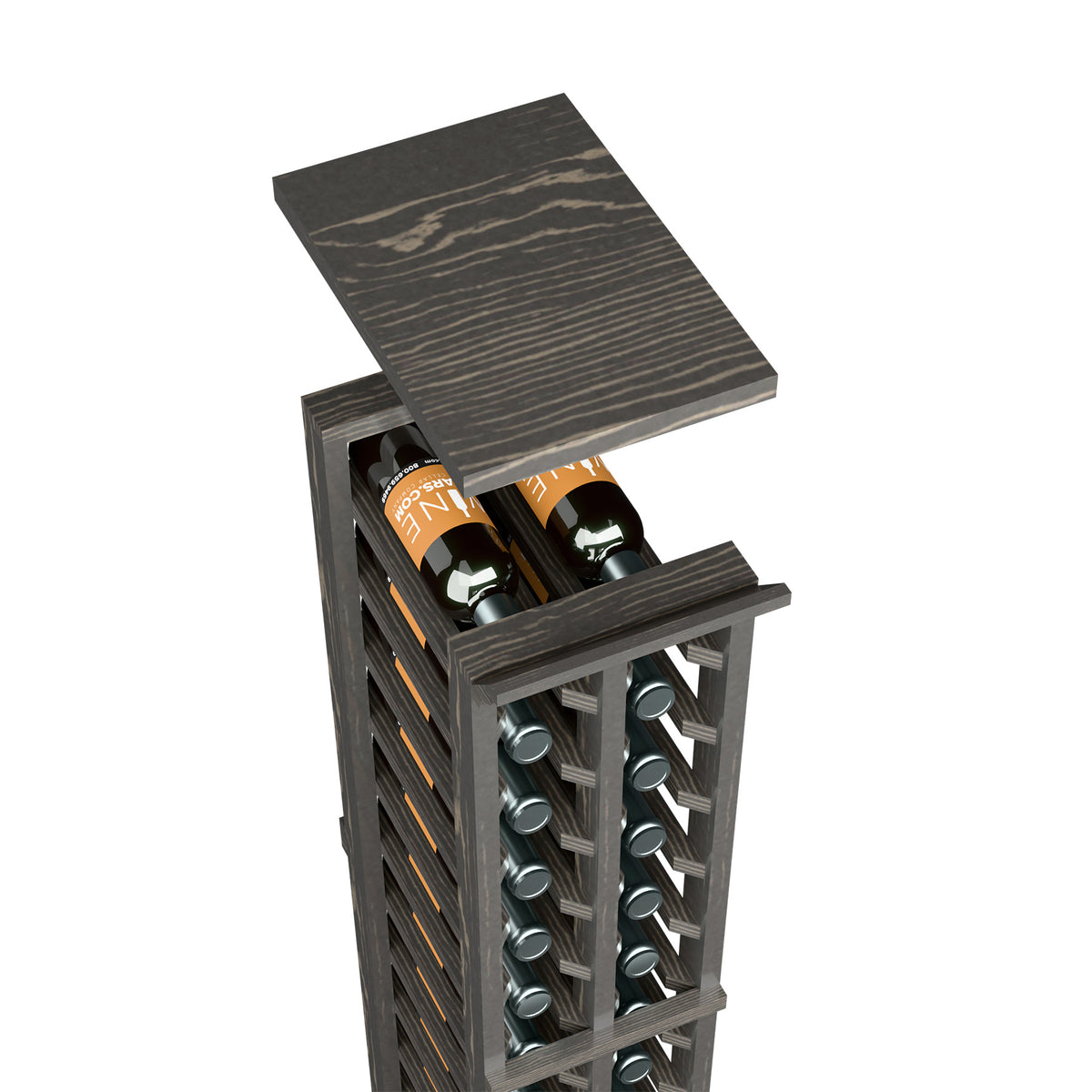 Dark wood wine rack with top shelf and front metal wine bottle holder slots