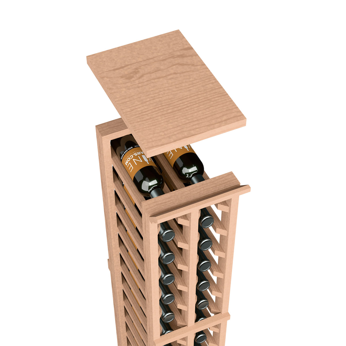 Light wood wine rack top shelf with bottle openings and front metal bottle holder slots